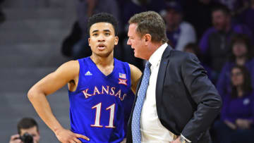 MANHATTAN, KS - FEBRUARY 05: Head coach Bill Self of the Kansas Jayhawks instructs Devon Dotson #11 during the first half against the Kansas State Wildcats on February 5, 2019 at Bramlage Coliseum in Manhattan, Kansas. (Photo by Peter G. Aiken/Getty Images)