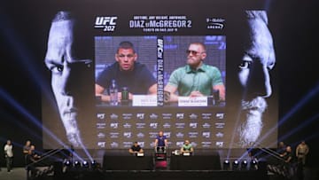 LAS VEGAS, NV - JULY 07: (L to R) Nate Diaz, UFC President Dana White, and Conor McGregor answer questions at the UFC 202 press conference at the T-Mobile Arena on July 7, 2016 in Las Vegas, Nevada. (Photo by Ed Mulholland/Zuffa LLC/Zuffa LLC via Getty Images)