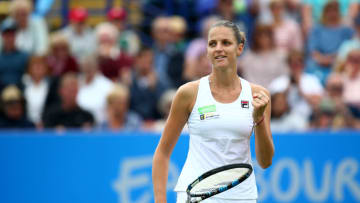 EASTBOURNE, ENGLAND - JULY 01: Karolina Pliskova of Czech Republic celebrates winning the women's singles final against Caroline Wozniacki of Denmark during day seven of the Aegon International Eastbourne on July 1, 2017 in Eastbourne, England. (Photo by Charlie Crowhurst/Getty Images for LTA)