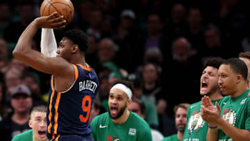 BOSTON, MASSACHUSETTS - JANUARY 26: RJ Barrett #9 of the New York Knicks takes a shot against the Boston Celtics during the second half at TD Garden on January 26, 2023 in Boston, Massachusetts. The Knicks defeat the Celtics 120-117 in overtime. NOTE TO USER: User expressly acknowledges and agrees that, by downloading and or using this photograph, User is consenting to the terms and conditions of the Getty Images License Agreement. (Photo by Maddie Meyer/Getty Images)