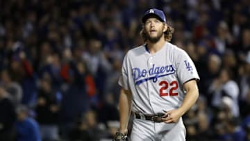 Oct 22, 2016; Chicago, IL, USA; Los Angeles Dodgers starting pitcher Clayton Kershaw (22) reacts against the Chicago Cubs during the second inning of game six of the 2016 NLCS playoff baseball series at Wrigley Field. Mandatory Credit: Jerry Lai-USA TODAY Sports