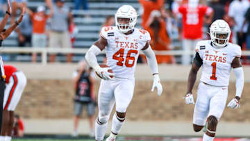 LUBBOCK, TEXAS - SEPTEMBER 26: Linebacker Joseph Ossia #46 of the Texas Longhorns runs down the field after a fumble that was later overturned during overtime of the college football game against the Texas Tech Red Raiders on September 26, 2020 at Jones AT&T Stadium in Lubbock, Texas. (Photo by John E. Moore III/Getty Images)