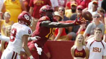AMES, IA - SEPTEMBER 15: Safety Kahlil Haughton #8 of the Oklahoma Sooners breaks up a pass meant for wide receiver Hakeem Butler #18 of the Iowa State Cyclones in the end zone in the second half of play at Jack Trice Stadium on September 15, 2018 in Ames, Iowa. Oklahoma Sooners won 37-27 over the Iowa State Cyclones.(Photo by David Purdy/Getty Images)