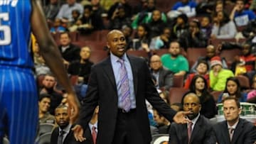 Feb 26, 2014; Philadelphia, PA, USA; Orlando Magic head coach Jacque Vaughn disagrees with a call during the 2nd half of the game between the Philadelphia 76ers and the Orlando Magic at Wells Fargo Center. The Orlando Magic won the game 101-90. Mandatory Credit: John Geliebter-USA TODAY Sports