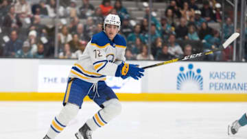 Feb 18, 2023; San Jose, California, USA; Buffalo Sabres center Tage Thompson (72) watches the puck during the first period against the San Jose Sharks at SAP Center at San Jose. Mandatory Credit: Stan Szeto-USA TODAY Sports
