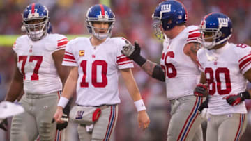 New York Giants guard David Diehl (66) talks with New York Giants quarterback Eli Manning (10) quarter in their NFC Championship game against the New Yorl Giants at Candlestick Park in San Francisco, California, on Sunday, January 22, 2012. (Paul Kitagaki Jr./Sacramento Bee/Tribune News Service via Getty Images)