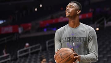 LOS ANGELES, CA - JANUARY 13: Sacramento Kings Center Harry Giles (20) warms up before an NBA game between the Sacramento Kings and the Los Angeles Clippers on January 06, 2018 at STAPLES Center in Los Angeles, CA. (Photo by Brian Rothmuller/Icon Sportswire via Getty Images)