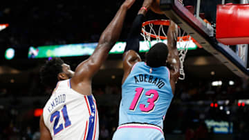 Bam Adebayo #13 of the Miami Heat dunks against Joel Embiid #21 of the Philadelphia 76ers(Photo by Michael Reaves/Getty Images)