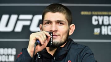 LAS VEGAS, NV - DECEMBER 30: Khabib Nurmagomedov of Russia speaks to the media after the UFC 219 event inside T-Mobile Arena on December 30, 2017 in Las Vegas, Nevada. (Photo by Brandon Magnus/Zuffa LLC/Zuffa LLC via Getty Images)
