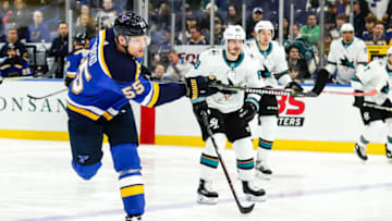 ST. LOUIS, MO - MARCH 27: St. Louis Blues' Colton Parayko follows through on a shot during the first period of an NHL hockey game between the St. Louis Blues and the San Jose Sharks on March 27, 2018, at Scottrade Center in St. Louis, MO. (Photo by Tim Spyers/Icon Sportswire via Getty Images)