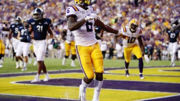 BATON ROUGE, LOUISIANA - AUGUST 31: Wide receiver Terrace Marshall Jr. #6 of the LSU Tigers reacts after scoring a touchdown against the Georgia Southern Eagles at Tiger Stadium on August 31, 2019 in Baton Rouge, Louisiana. (Photo by Marianna Massey/Getty Images)