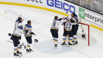BOSTON, MASSACHUSETTS - JUNE 12: The St. Louis Blues celebrate after defeating the Boston Bruins in Game Seven to win the 2019 NHL Stanley Cup Final at TD Garden on June 12, 2019 in Boston, Massachusetts. (Photo by Rich Gagnon/Getty Images)