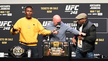 HOUSTON, TX - FEBRUARY 07: (L-R) Israel Adesanya and Yoel Romero stand up during the UFC 248 Press Conference at the Toyota Center on February 7, 2020 in Houston, Texas. (Photo by Josh Hedges/Zuffa LLC via Getty Images)