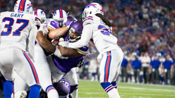 ORCHARD PARK, NY - AUGUST 10: C.J. Ham #30 of the Minnesota Vikings pushes in a touchdown during the third quarter of a preseason game against the Buffalo Bills on August 10, 2017 at New Era Field in Orchard Park, New York. Minnesota defeats Buffalo 17-10. (Photo by Brett Carlsen/Getty Images)