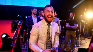 Dublin , Ireland - 27 September 2019; UFC fighter Conor McGregor celebrates after team-mate Peter Queally was declared victorious over Ryan Scope in their welterweight bout at Bellator Dublin in the 3Arena, Dublin. (Photo By David Fitzgerald/Sportsfile via Getty Images)
