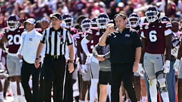Oct 7, 2023; Starkville, Mississippi, USA; Mississippi State Bulldogs head coach Zach Arnett stands on the sidelines during the fourth quarter of the game against the Western Michigan Broncos at Davis Wade Stadium at Scott Field. Mandatory Credit: Matt Bush-USA TODAY Sports