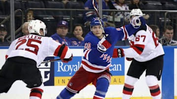 NEW YORK, NEW YORK - SEPTEMBER 24: Lias Andersson #50 of the New York Rangers skates against the New Jersey Devils at Madison Square Garden on September 24, 2018 in New York City. The Rangers defeated the Devils 4-3 in overtime. (Photo by Bruce Bennett/Getty Images)