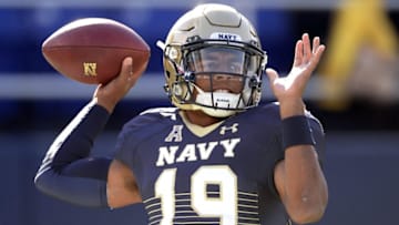 Oct 31, 2015; Annapolis, MD, USA; Navy Midshipmen quarterback Keenan Reynolds (19) throws before the game against the South Florida Bulls at Navy Marine Corps Memorial Stadium. Mandatory Credit: Tommy Gilligan-USA TODAY Sports