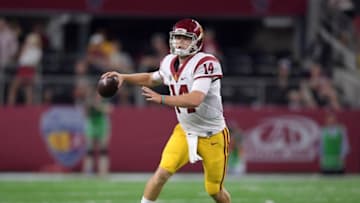 Sep 3, 2016; Arlington, TX, USA; USC Trojans quarterback Sam Darnold (14) throws a pass against the Alabama Crimson Tide during an NCAA football game at AT&T Stadium. Mandatory Credit: Kirby Lee-USA TODAY Sports