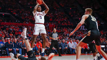 CHAMPAIGN, IL - JANUARY 05: Tevian Jones #5 of the Illinois Fighting Illini shoots the ball over Sasha Stefanovic #55 of the Purdue Boilermakers at State Farm Center on January 5, 2020 in Champaign, Illinois. (Photo by Michael Hickey/Getty Images)