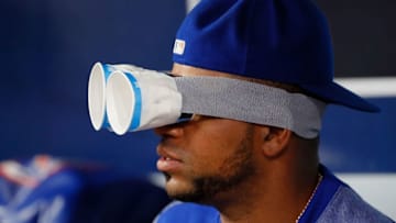 ATLANTA, GA - MAY 29: Yoenis Cespedes #52 of the New York Mets jokes around in the dugout during the third inning against the Atlanta Braves at SunTrust Park on May 29, 2018 in Atlanta, Georgia. (Photo by Kevin C. Cox/Getty Images)