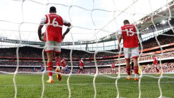 LONDON, ENGLAND - MAY 14: Gabriel and Jakub Kiwior of Arsenal look dejected after conceding a goal during the Premier League match between Arsenal FC and Brighton & Hove Albion at Emirates Stadium on May 14, 2023 in London, England. (Photo by Julian Finney/Getty Images)