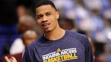Mar 28, 2013; Dallas, TX, USA; Indiana Pacers small forward Gerald Green (25) warms up before the game against the Dallas Mavericks at the American Airlines Center. Mandatory Credit: Jerome Miron-USA TODAY Sports