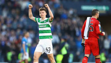 GLASGOW, SCOTLAND - OCTOBER 23: Kieran Tierney of Celtic celebrates victory during the Betfred Cup Semi Final match between Rangers and Celtic at Hampden Park on October 23, 2016 in Glasgow, Scotland. (Photo by Michael Steele/Getty Images)
