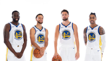 OKC Thunder team previews: Stephen Curry #30, Draymond Green #23, Klay Thompson #11, and D'Angelo Russell #0 of the Golden State Warriors (Photo by Noah Graham/NBAE via Getty Images)