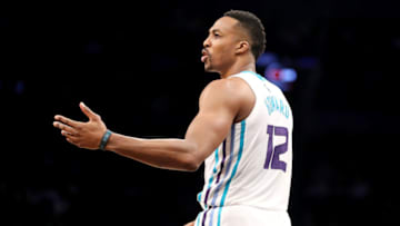 NEW YORK, NY - MARCH 21: Dwight Howard #12 of the Charlotte Hornets reacts in the third quarter against the Brooklyn Nets during their game at Barclays Center on March 21, 2018 in the Brooklyn borough of New York City. NOTE TO USER: User expressly acknowledges and agrees that, by downloading and or using this photograph, User is consenting to the terms and conditions of the Getty Images License Agreement. (Photo by Abbie Parr/Getty Images)