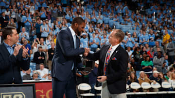 CHAPEL HILL, NC - FEBRUARY 12: Former North Carolina Tar Heels player Antwan Jamison is honored during a game against the Notre Dame Fighting Irish on February 12, 2018 at the Dean Smith Center in Chapel Hill, North Carolina. North Carolina won 66-83. (Photo by Peyton Williams/UNC/Getty Images)