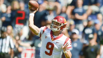 PROVO, UT - SEPTEMBER 14:USC Trojans quarterback Kedon Slovis (9) during a game between the USC Trojans and the BYU Cougars at LaVell Edwards Stadium in Provo, Utah. (Photo by Boyd Ivey/Icon Sportswire via Getty Images)