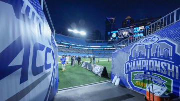Dec 4, 2021; Charlotte, NC, USA; ACC logos at the tunnel entrance to the field during the ACC championship game between the Wake Forest Demon Deacons and the Pittsburgh Panthers at Bank of America Stadium. Mandatory Credit: Jim Dedmon-USA TODAY Sports