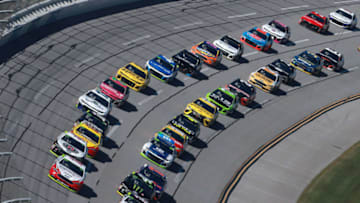 TALLADEGA, AL - OCTOBER 14: Kevin Harvick, driver of the #4 Jimmy John's Ford, leads during the Monster Energy NASCAR Cup Series 1000Bulbs.com 500 at Talladega Superspeedway on October 14, 2018 in Talladega, Alabama. (Photo by Sean Gardner/Getty Images)
