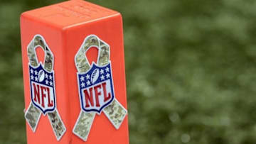Nov 10, 2013; New Orleans, LA, USA; The end zone pilon with the NFL logo for a salute to service seen before the game between the New Orleans Saints and the Dallas Cowboys at Mercedes-Benz Superdome. Mandatory Credit: John David Mercer-USA TODAY Sports