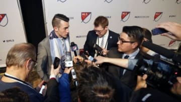 Jan 14, 2016; Baltimore, MD, USA; Jack Harrison speaks the the media after being selected number one overall by the Chicago Fire, then traded to New York City FC during the 2016 MLS SuperDraft at Baltimore Convention Center. Mandatory Credit: Geoff Burke-USA TODAY Sports