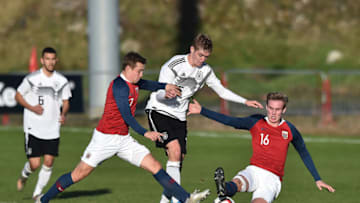 PORTADOWN, NORTHERN IRELAND - NOVEMBER 15: Julian Albrecht of Germany and Sivert Mannsverk of Norway during the Germany v Norway u19 international friendly match on November 15, 2019 in Portadown, Northern Ireland. (Photo by Charles McQuillan/Getty Images for DFB)