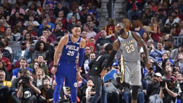 CLEVELAND, OH - MARCH 1: Ben Simmons #25 of the Philadelphia 76ers and LeBron James #23 of the Cleveland Cavaliers smile and talk during the game on March 1, 2018 at Quicken Loans Arena in Cleveland, Ohio. NOTE TO USER: User expressly acknowledges and agrees that, by downloading and/or using this Photograph, user is consenting to the terms and conditions of the Getty Images License Agreement. Mandatory Copyright Notice: Copyright 2018 NBAE (Photo by David Liam Kyle/NBAE via Getty Images)