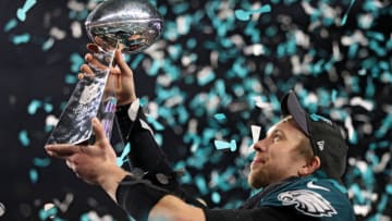 MINNEAPOLIS, MN - FEBRUARY 04: Quarterback Nick Foles #9 of the Philadelphia Eagles raises the Vince Lombardi Trophy after defeating the New England Patriots, 41-33, in Super Bowl LII at U.S. Bank Stadium on February 4, 2018 in Minneapolis, Minnesota. (Photo by Patrick Smith/Getty Images)