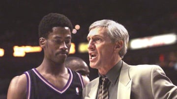 Jerry Sloan (R), coach of the Utah Jazz, yells as Quincy Lewis (L) comes off the court during game two of the NBA Western Conference semifinals in Portland 09 May, 2000. The Trail Blazers defeated the Jazz, 103-85, to take a 2-0 lead in the best-of-seven series. (ELECTRONIC IMAGE) AFP PHOTO MIKE NELSON (Photo by MIKE NELSON / AFP) (Photo by MIKE NELSON/AFP via Getty Images)