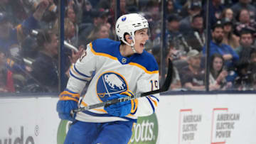 Apr 14, 2023; Columbus, Ohio, USA; Buffalo Sabres center Peyton Krebs (19) reacts to scoring a goal during the third period against the Columbus Blue Jackets at Nationwide Arena. Mandatory Credit: Jason Mowry-USA TODAY Sports