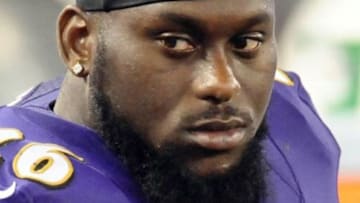 Aug 15, 2013; Baltimore, MD, USA; Baltimore Ravens safety Matt Elam (26) looks on during the game against the Atlanta Falcons at M&T Bank Stadium. Mandatory Credit: Evan Habeeb-USA TODAY Sports