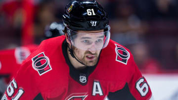 OTTAWA, ON - NOVEMBER 18: Ottawa Senators Right Wing Mark Stone (61) prepares for a faceoff during first period National Hockey League action between the Arizona Coyotes and Ottawa Senators on November 18, 2017, at Canadian Tire Centre in Ottawa, ON, Canada. (Photo by Richard A. Whittaker/Icon Sportswire via Getty Images)