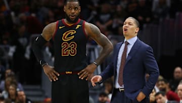 CLEVELAND, OH - APRIL 29: LeBron James #23 of the Cleveland Cavaliers and head coach Tyronn Lue talk while playing the Indiana Pacers in Game Seven of the Eastern Conference Quarterfinals during the 2018 NBA Playoffs at Quicken Loans Arena on April 29, 2018 in Cleveland, Ohio. NOTE TO USER: User expressly acknowledges and agrees that, by downloading and or using this photograph, User is consenting to the terms and conditions of the Getty Images License Agreement. (Photo by Gregory Shamus/Getty Images)