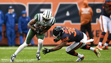 CHICAGO, IL - OCTOBER 28: Charone Peake #17 of the New York Jets runs with the football against Adrian Amos #38 of the Chicago Bears in the fourth quarter at Soldier Field on October 28, 2018 in Chicago, Illinois. (Photo by Stacy Revere/Getty Images)