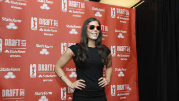 NEW YORK - APRIL 13: Kelsey Plum takes photos after being selected number one overall during the 2017 WNBA Draft on April 13, 2017 at the Samsung 837 in New York City. NOTE TO USER: User expressly acknowledges and agrees that, by downloading and/or using this photograph, user is consenting to the terms and conditions of the Getty Images License Agreement. Mandatory Copyright Notice: Copyright 2017 NBAE (Photo by Michelle Farsi/NBAE via Getty Images)