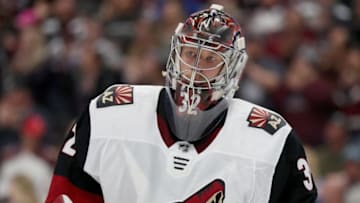 DENVER, COLORADO - OCTOBER 12: Antti Raanta #32 of the Arizona Coyotes tends goal against the Colorado Avalanche in the second period at the Pepsi Center on October 12, 2019 in Denver, Colorado. (Photo by Matthew Stockman/Getty Images)