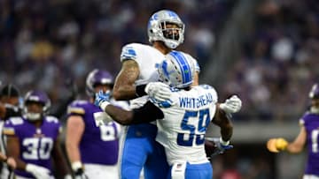 MINNEAPOLIS, MN - OCTOBER 1: Akeem Spence #97 of the Detroit Lions celebrates with Tahir Whitehead #59 after a fumble recovery in the third quarter of the game against the Minnesota Vikings on October 1, 2017 at U.S. Bank Stadium in Minneapolis, Minnesota. (Photo by Hannah Foslien/Getty Images)
