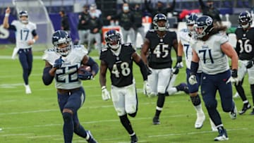 BALTIMORE, MARYLAND - NOVEMBER 22: Derrick Henry #22 of the Tennessee Titans rushes before scoring the game-winning overtime touchdown against the Baltimore Ravens at M&T Bank Stadium on November 22, 2020 in Baltimore, Maryland. (Photo by Patrick Smith/Getty Images)