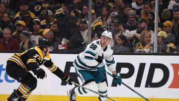 BOSTON, MASSACHUSETTS - JANUARY 22: Timo Meier #28 of the San Jose Sharks skates against Charlie McAvoy #73 of the Boston Bruins during the second period at TD Garden on January 22, 2023 in Boston, Massachusetts. (Photo by Maddie Meyer/Getty Images )